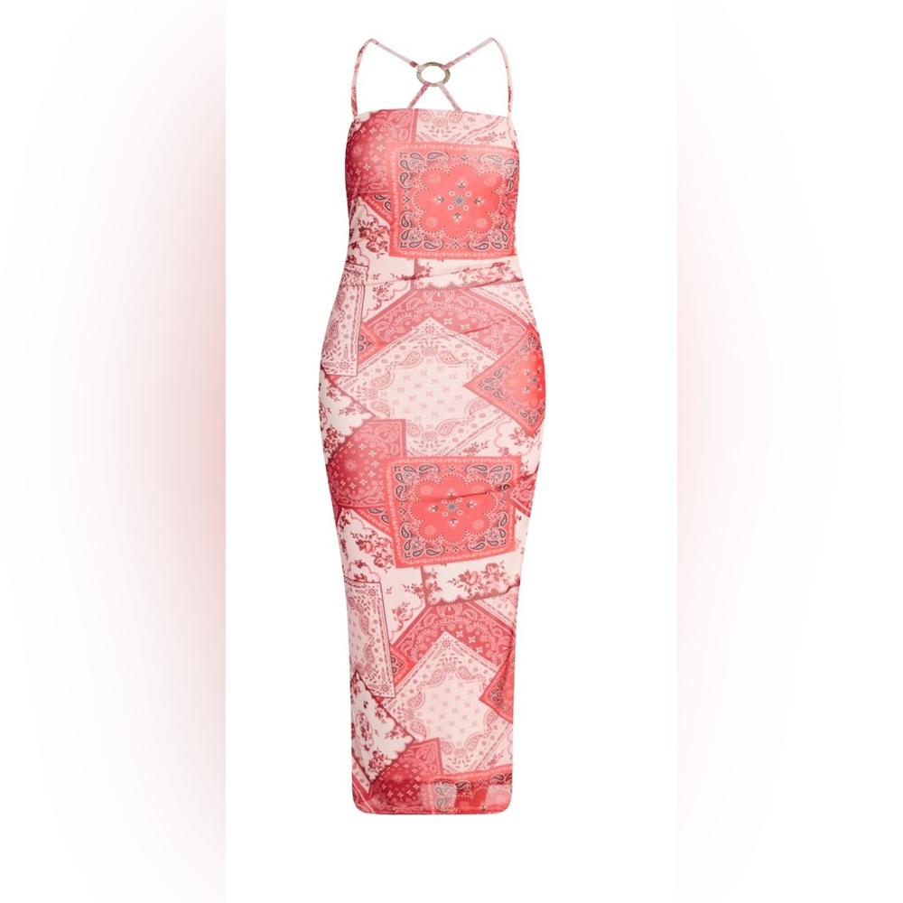 NWT No Boundaries XL Pink Bandana‎ Print Mesh Bodycon Maxi Slit Dress